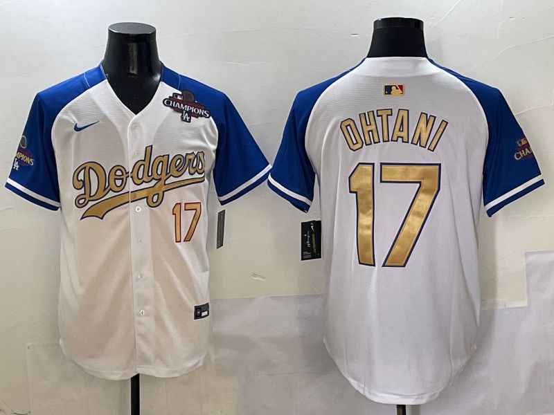 Men Los Angeles Dodgers 17 Ohtani White Blue Gold Game 2025 Nike MLB Jersey style 2